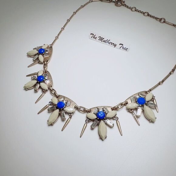 J.Crew Statement Rhinestone Necklace NWT GR7135 Blue Clear Gold Base - Picture 5 of 12